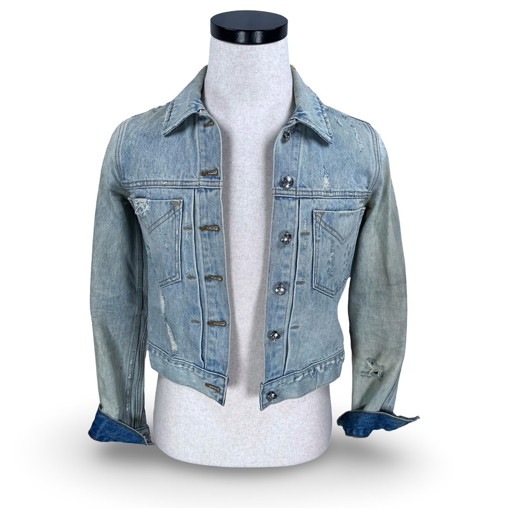 Derek Lam Women's Light Wash Distressed Denim Jean Jacket Button Blue Brown